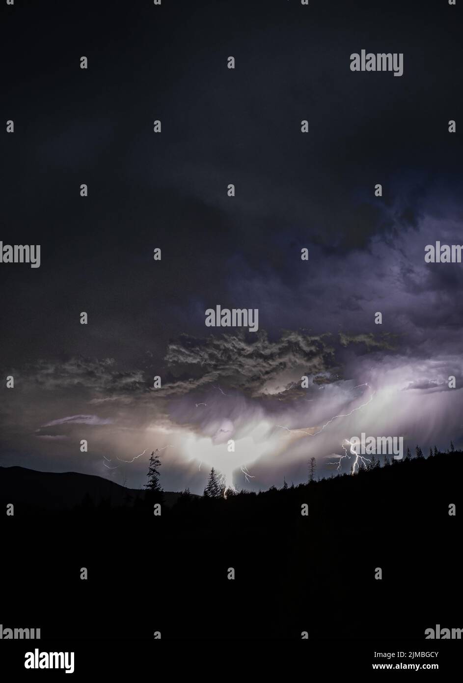 Der dramatische dunkle, wolkige Himmel mit Blitzen über den Silhouetten der Bäume Stockfoto