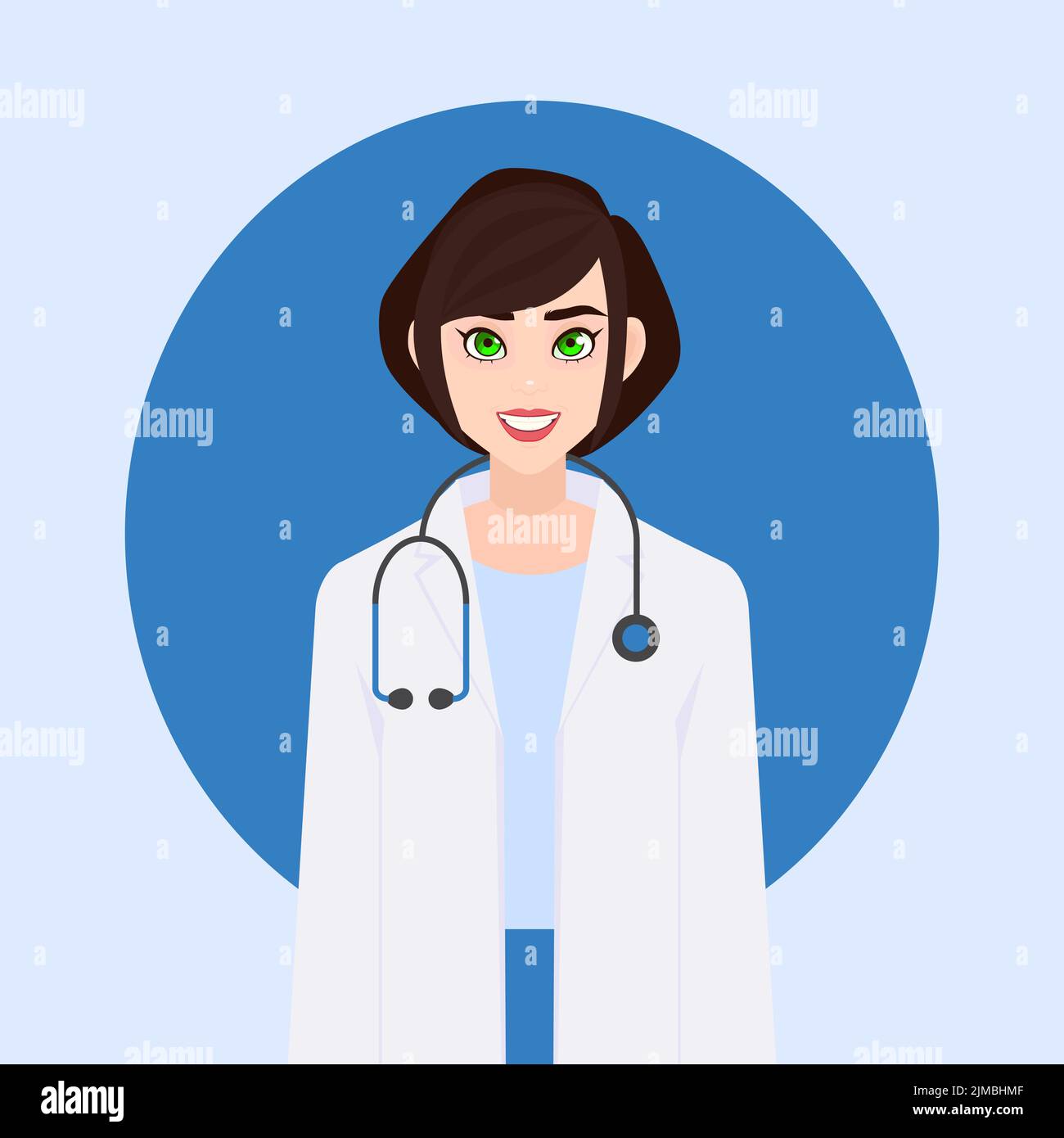 Flache weibliche Charakter medizinische Mitarbeiterin, Ärzte im Gesundheitswesen. Vektor-Illustration Menschen Cartoon Avatar Profil Charakter. Halbkörperfrau mit Stethoskop Stock Vektor