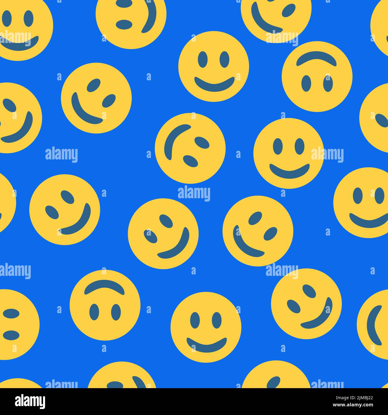 Retro-gelbes Happy-Smile-Muster auf blauem Hintergrund. Nach dem Zufallsprinzip angeordnete Emoticons. Witziger Retro-Hintergrund. Stock Vektor
