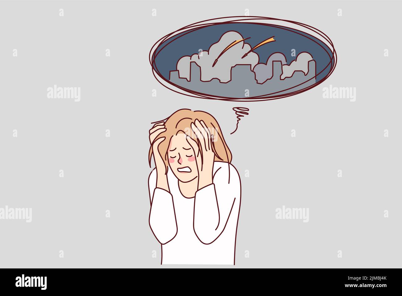 Unglückliche Frau sorgte sich um die Bombenanschläge in der Stadt. Ungesund gestresste Frauen denken an einen Kriegsangriff in der Stadt. Vektorgrafik. Stock Vektor