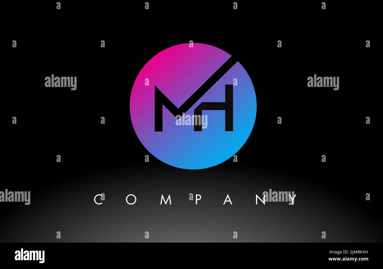MH Letter Logo Design Icon mit violetten Neonblau Farben und kreisförmiges Design. Minimalistisches MH in einem Kreisvektor Illustration Stock Vektor