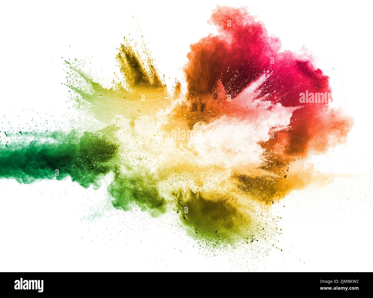 Abstrakte mehrfarbige Pulverexplosion auf weißem Hintergrund. Frostbewegung von Staubpartikeln, die spritzen Stockfoto