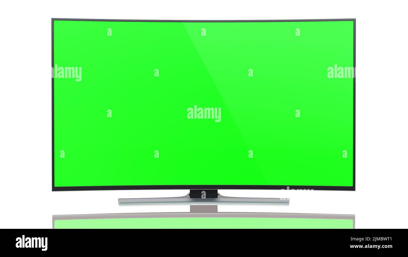 UltraHD Smart TV mit geschwungenem grünen Bildschirm auf weißem Display Stockfoto UltraHD Smart TV mit geschwungenem grünen Bildschirm auf weißem Display Stockfoto