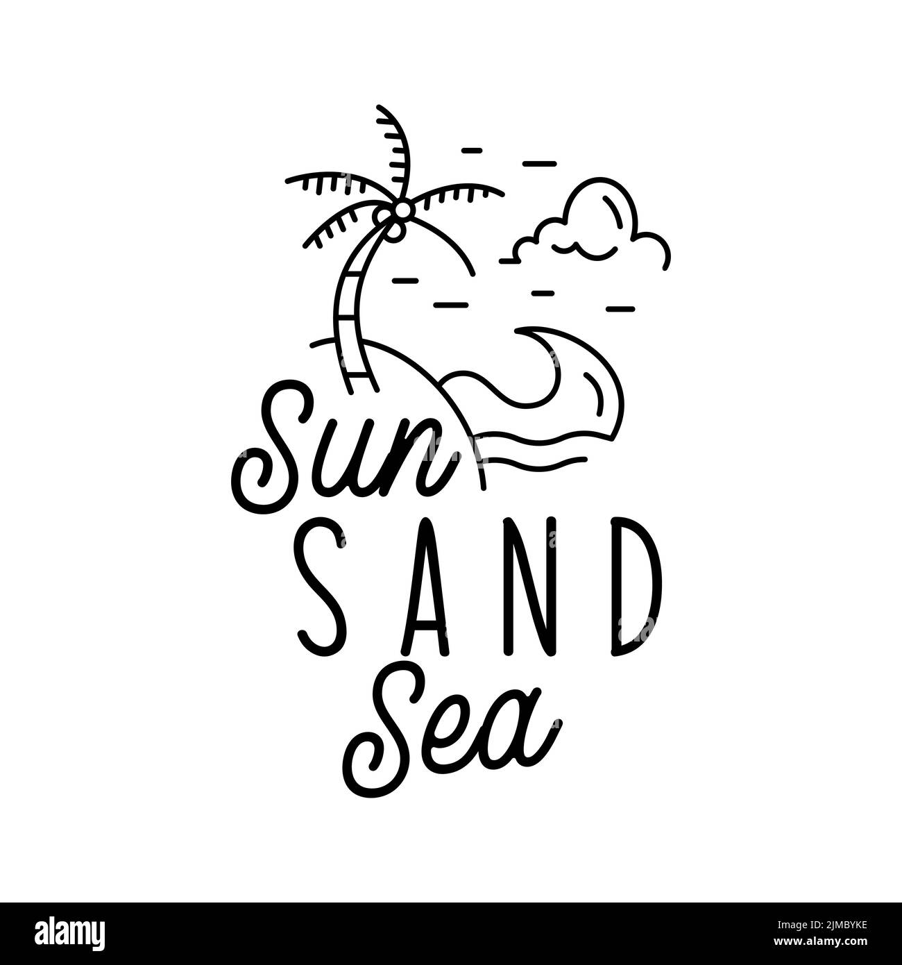Vektor-Banner im minimalistischen Stil mit Sun Sand Sea Inschrift und Illustration mit Wellenwolke und Palme auf weißem Hintergrund Stock Vektor