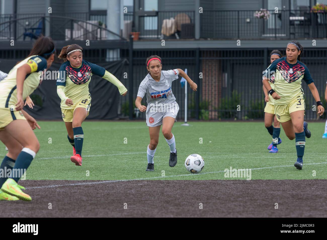 Detroit, Michigan - die Frauen-Teams der Vereinigten Staaten und Mexiko treffen sich in der Special Olympics Unified Cup Fußball-Turnier (Fußball). Die Unifi Stockfoto
