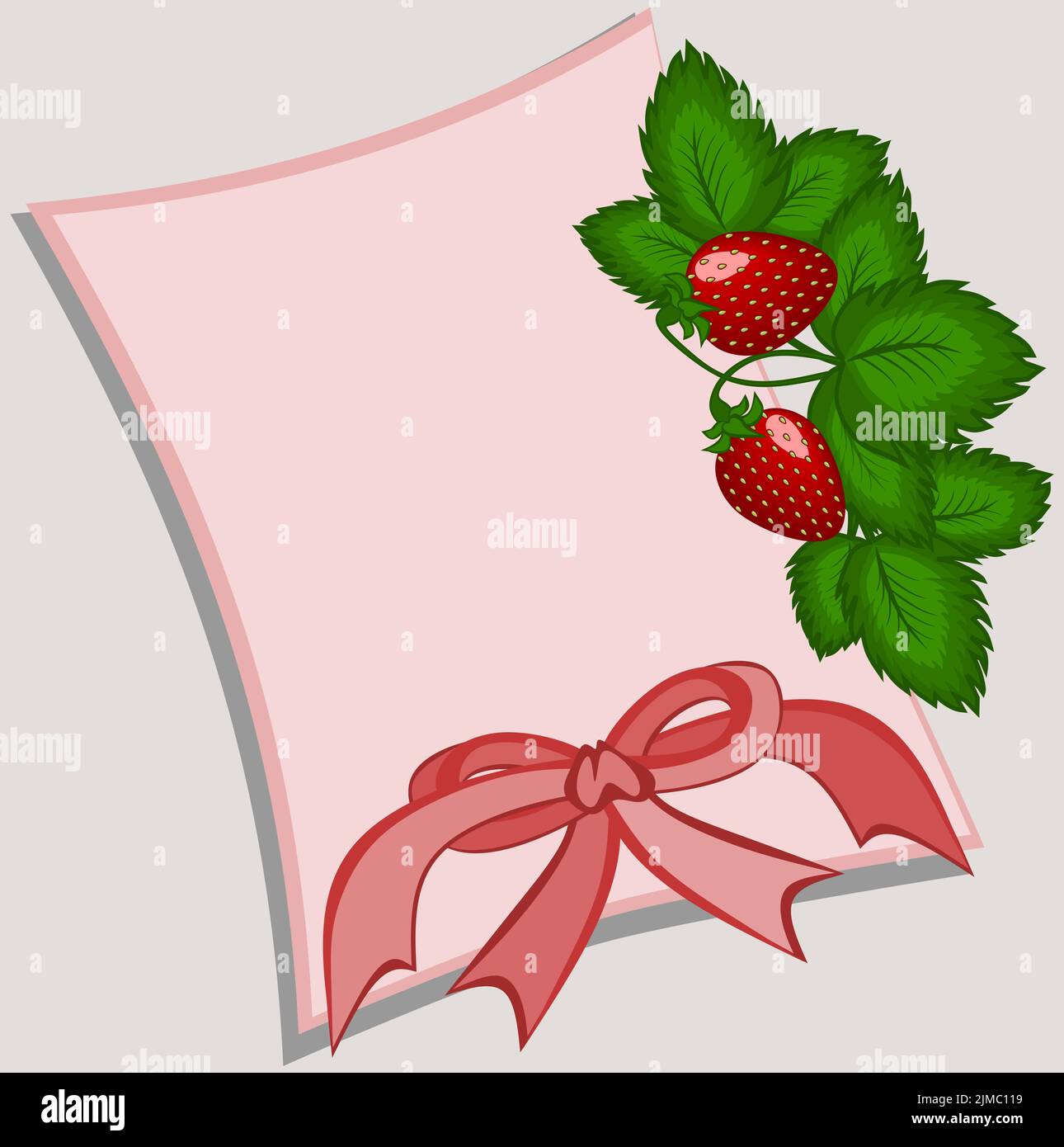 Zarte rosa Karte mit einem Strauß Erdbeeren und einer Schleife auf grauem Hintergrund ohne Inschriften. Stockfoto