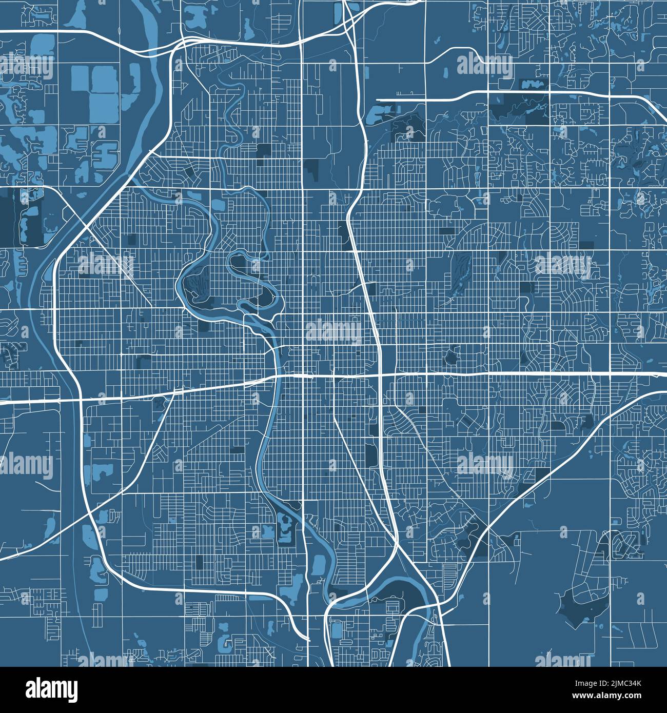 Detailliertes Vektor-Kartenplakat der Stadt Wichita, Kansas, Verwaltungsgebiet. Blaues Skyline-Panorama. Dekorative Grafik Touristenkarte von Wichita Gebiet. Roy Stock Vektor