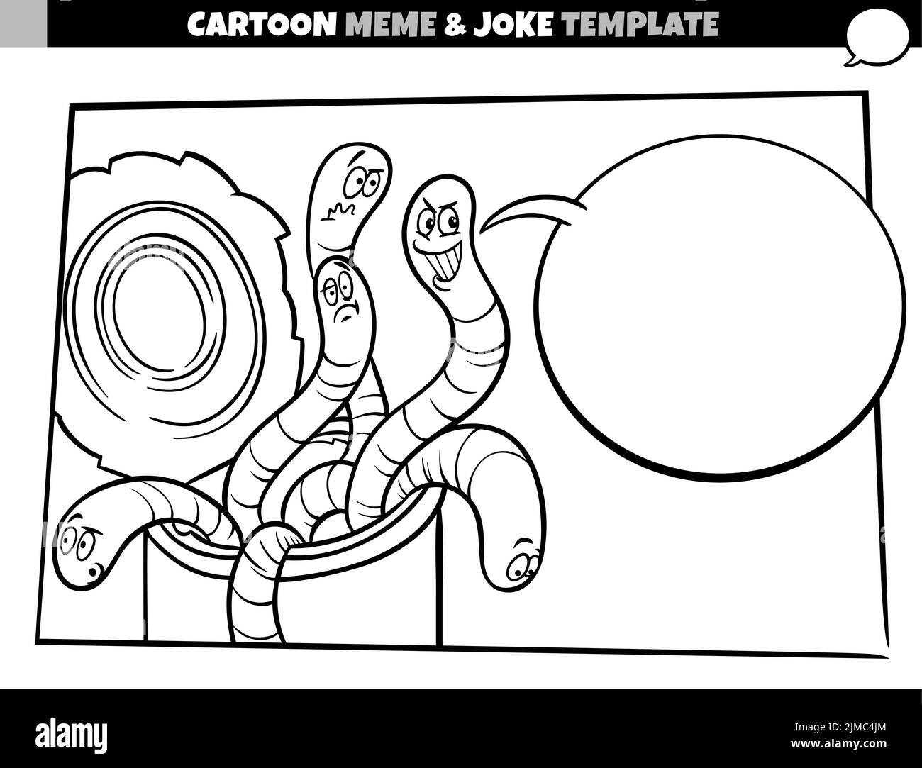 Schwarz-Weiß-Cartoon-Illustration von Meme-Vorlage mit leeren Comic-Sprechballon und Dose von Würmern Stock Vektor