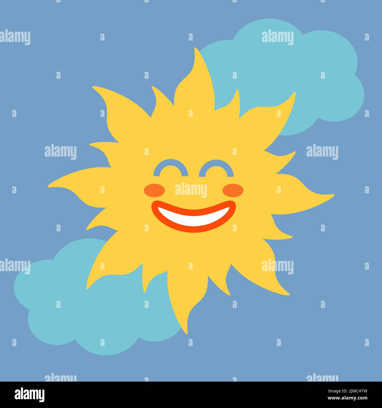 Kind Cartoon Illustration Sonne am Himmel. Lustiger Charakter - Sonne mit Wolke auf blauem Hintergrund. Stock Vektor Kind Cartoon Illustration Sonne am Himmel. Lustiger Charakter - Sonne mit Wolke auf blauem Hintergrund. Stock Vektor