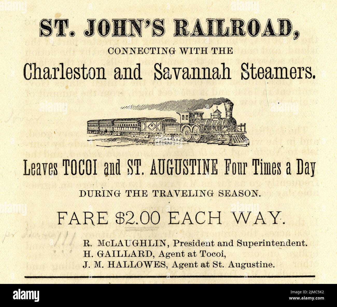 1878 Anzeige für die St. John's Railroad, die Verbindungen von Tocoi auf dem St. Johns River nach St. Augustine zur Verfügung stellte. Der Zug verließ Tocoi und St. Augustine viermal täglich während der „Reisesaison“ und die Fahrt betrug $2,00 pro Strecke. Stockfoto