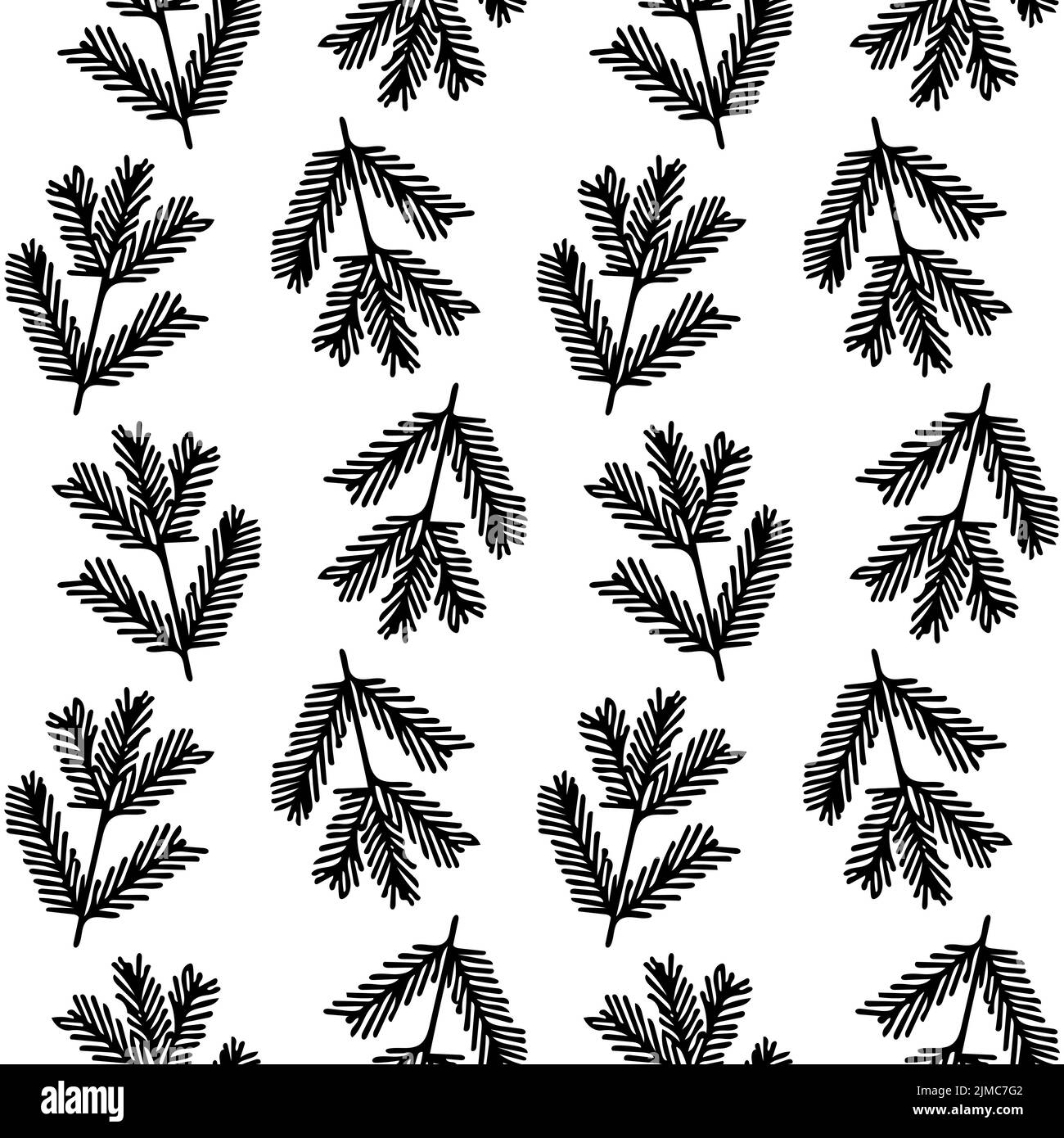 Weihnachtsbaum Zweig festliches Muster. Nahtlose Pinienstruktur für Neujahrsfeiern. Niedliche schwarze Linie Hintergrund Stock Vektor