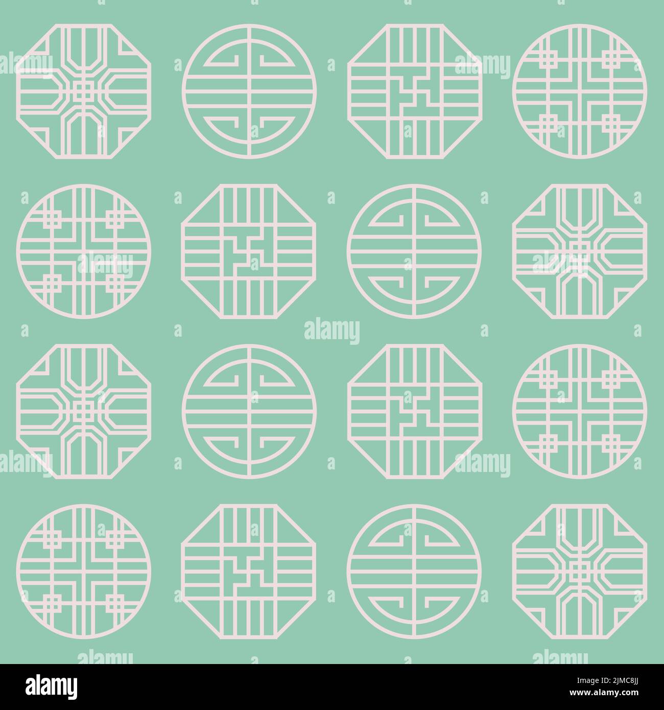 Koreanische Kollektion Mit Traditionellem Muster Aus Asien. Traditionelle Koreanische Musterkollektion. Symbol für dünne Linien Vektor-Illustrator. Kreis, Sechseck Stock Vektor