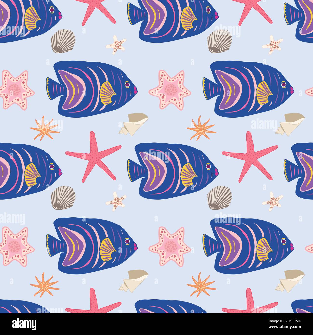 Unterwasserwelt nahtlose Muster. Dunkelblaue Fische, rote Sterne und Muscheln auf hellblauem Hintergrund. Stock Vektor