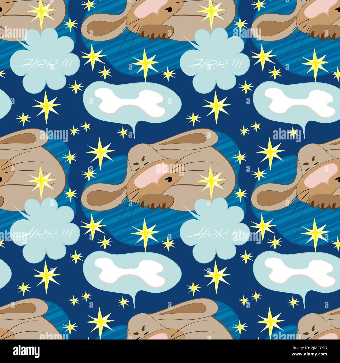 Niedlicher Hund schläft auf einem blauen Teppich und sieht einen Traum über einen Knochen Stockfoto