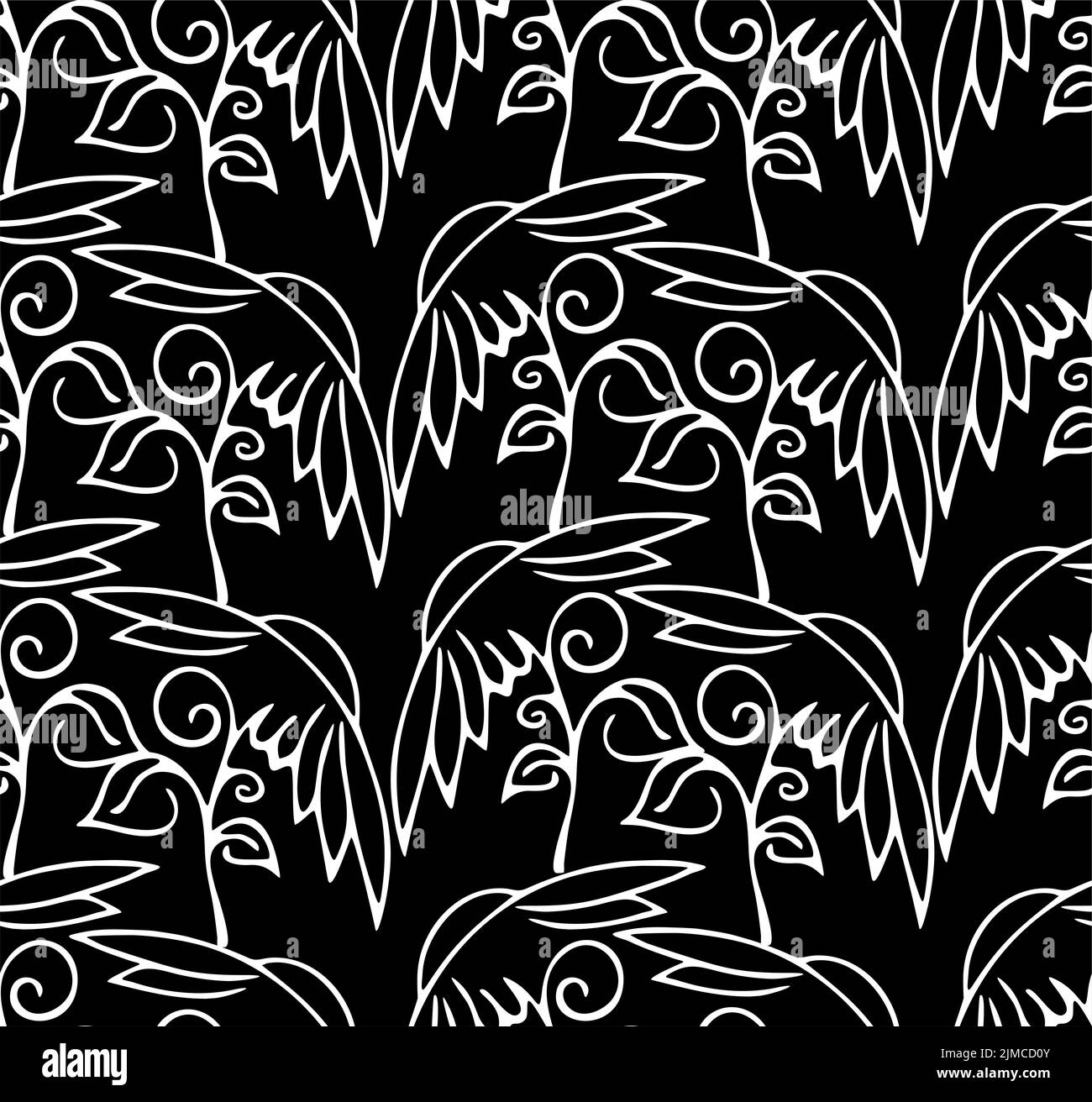 Nahtloses Blumenmuster aus weißen Konturblumen auf schwarzem Hintergrund, Textur, Wiederholungsmuster, Design Stockfoto