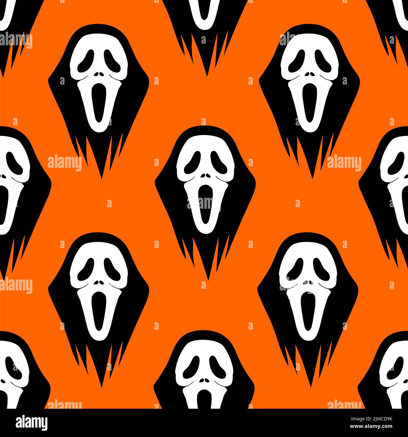 Nahtlose Grafik schwarz-weiß Muster Maske Schrei auf orangefarbenem Hintergrund, Textur, Design Stockfoto