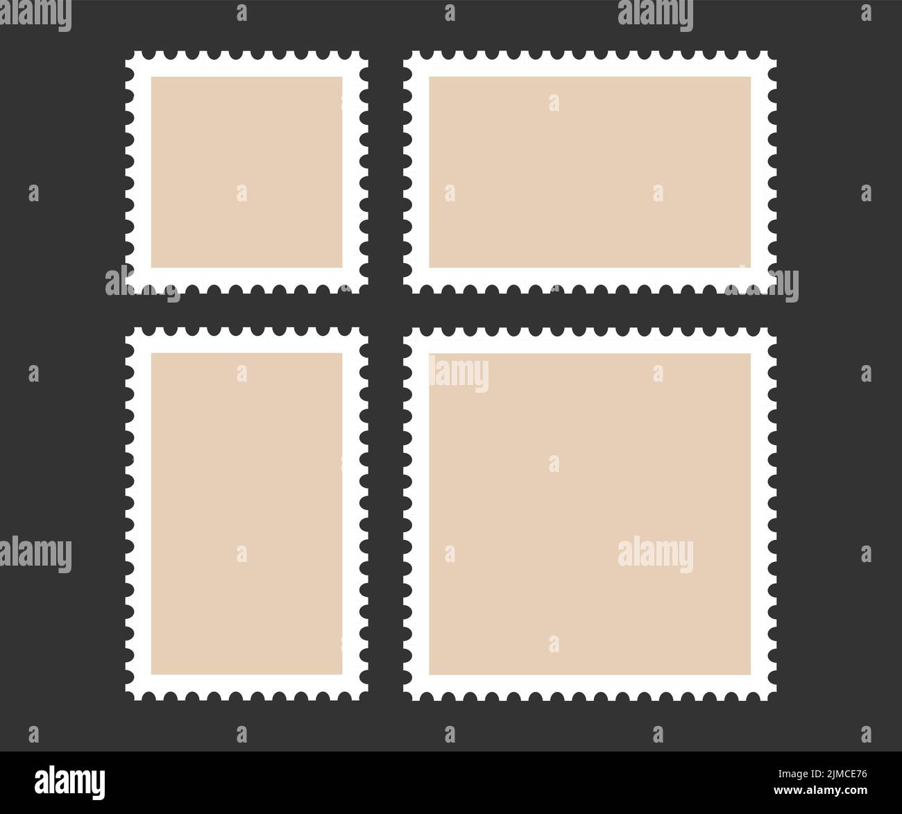 Briefmarkenrahmen eingestellt. Leere Rahmenvorlage für Postkarten und Briefe. Unbeschriftetes Rechteck und quadratische Vintage-Briefmarken mit perforiertem Rand Stock Vektor