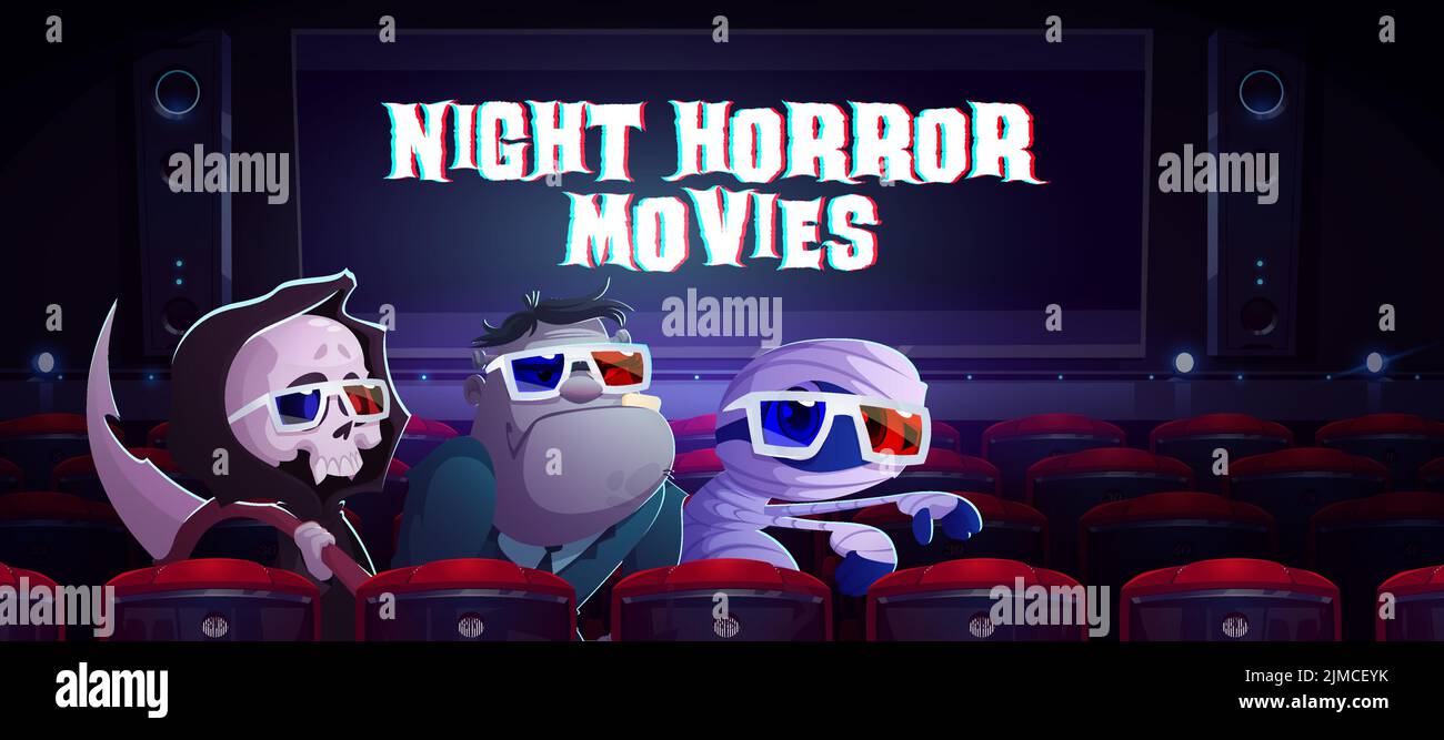 Nacht Horror Filme Cartoon Banner mit lustigen Monstern sitzen im Kinosaal. Niedliche Sensenmann mit Sense, Zombie und Mama halloween-Persönlichkeiten tragen 3D Gläser Film ansehen, Vektor-Illustration Stock Vektor