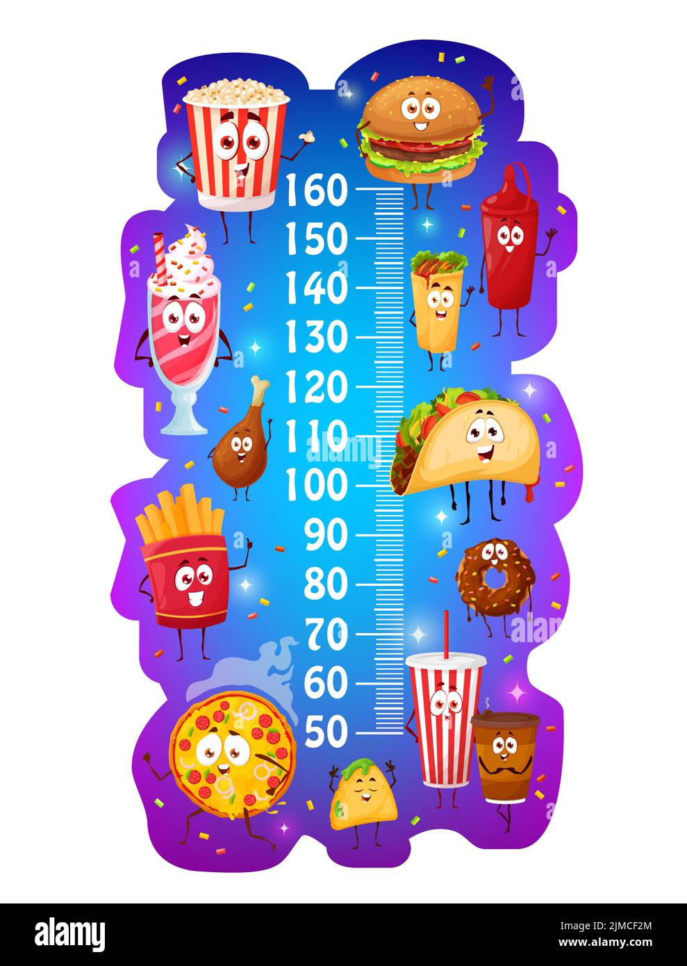 Kinder Höhendiagramm Cartoon Fast-Food-Figuren Vektor Wand-Aufkleber Wachstumsmesser mit niedlichen Fastfood-Donut, Popcorn und Pizza, Tacos und Burrito, Kaffee Stock Vektor