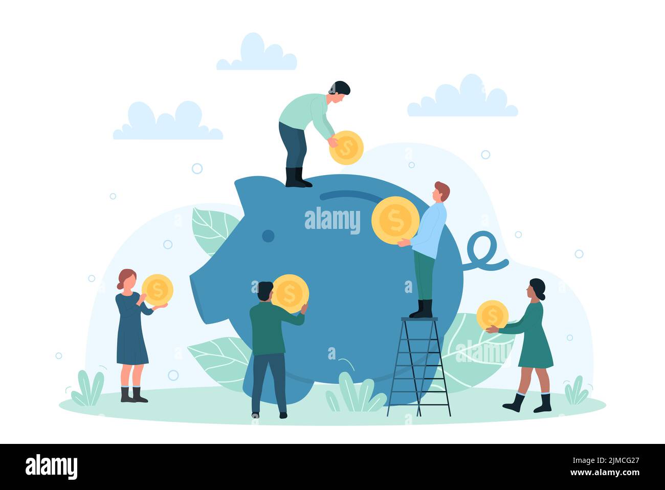 Finanzielle Einsparungen, Budget- und Account-Management. Cartoon kleine Menschen setzen Münzen in Sparschwein zusammen, investieren Dollar in Reichtum flache Vektor-Illustration. Investment, Finance, Income-Konzept Stock Vektor