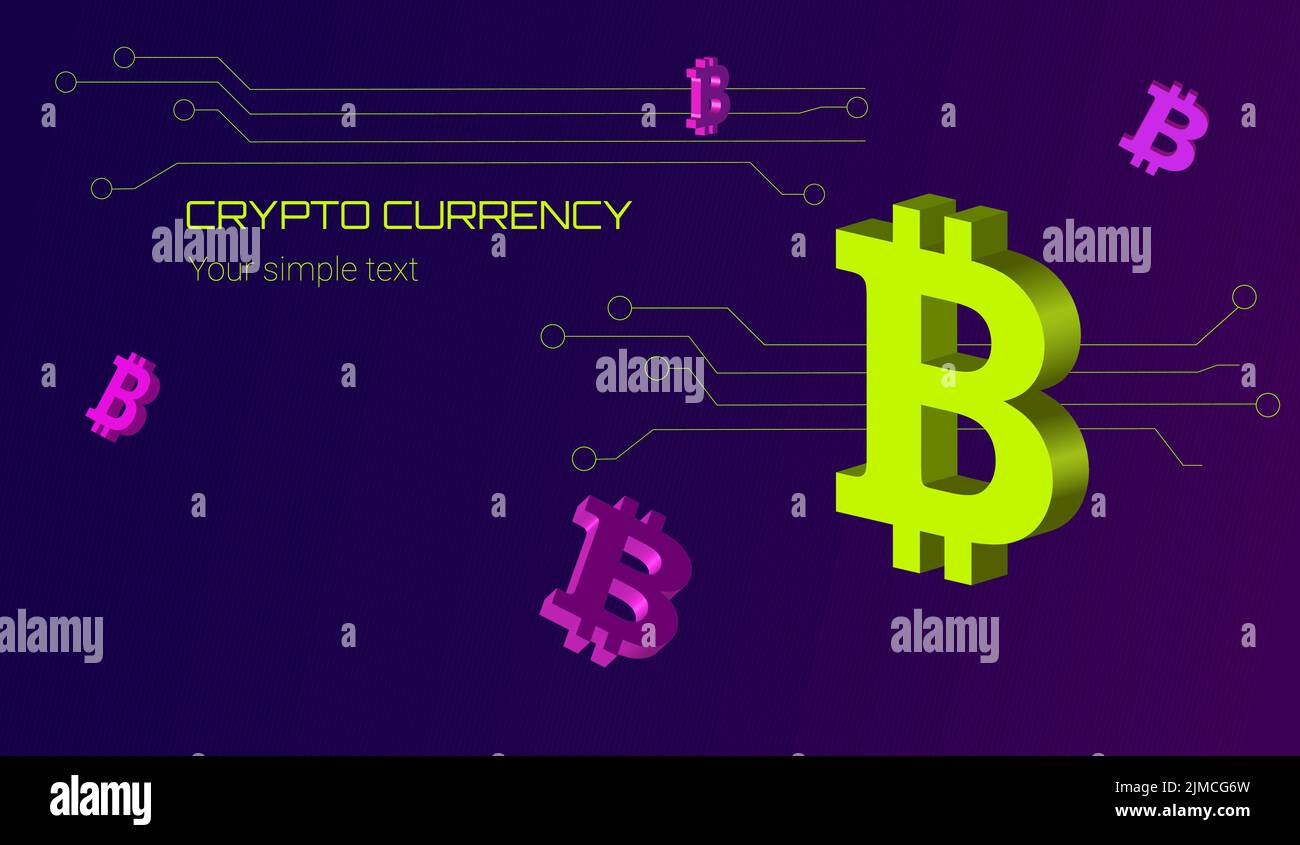 3D Bitcoin Kryptowährung Zeichen auf einem violetten Hintergrund mit einem Mikrokreis Stock Vektor