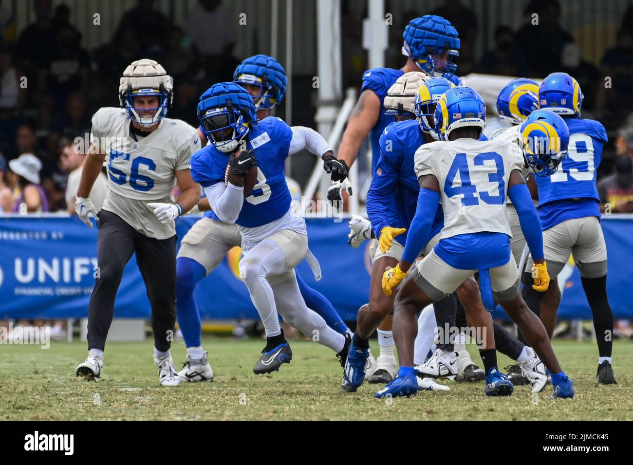 Los Angeles Rams Running Back Cam Akers (3) während des Trainingslagers, Donnerstag, 4. August 2022, in Irvine, Calif. (Dylan Stewart/Image of Sport) Stockfoto