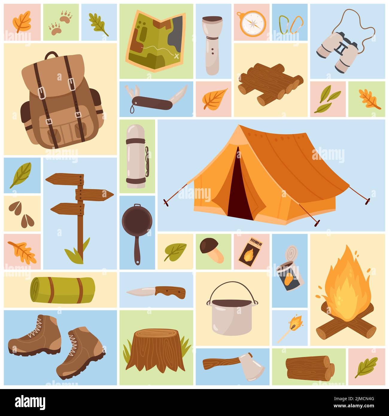 Camping-Tools für Wandern Abenteuer Set Vektor-Illustration. Cartoon Sommer Wald Campingplatz und Tourismus-Objekte, Scout Ausrüstung Kit, Wohnwagen Wohnmobil in quadratischen Collage Hintergrund. Outdoor Camp Konzept Stock Vektor