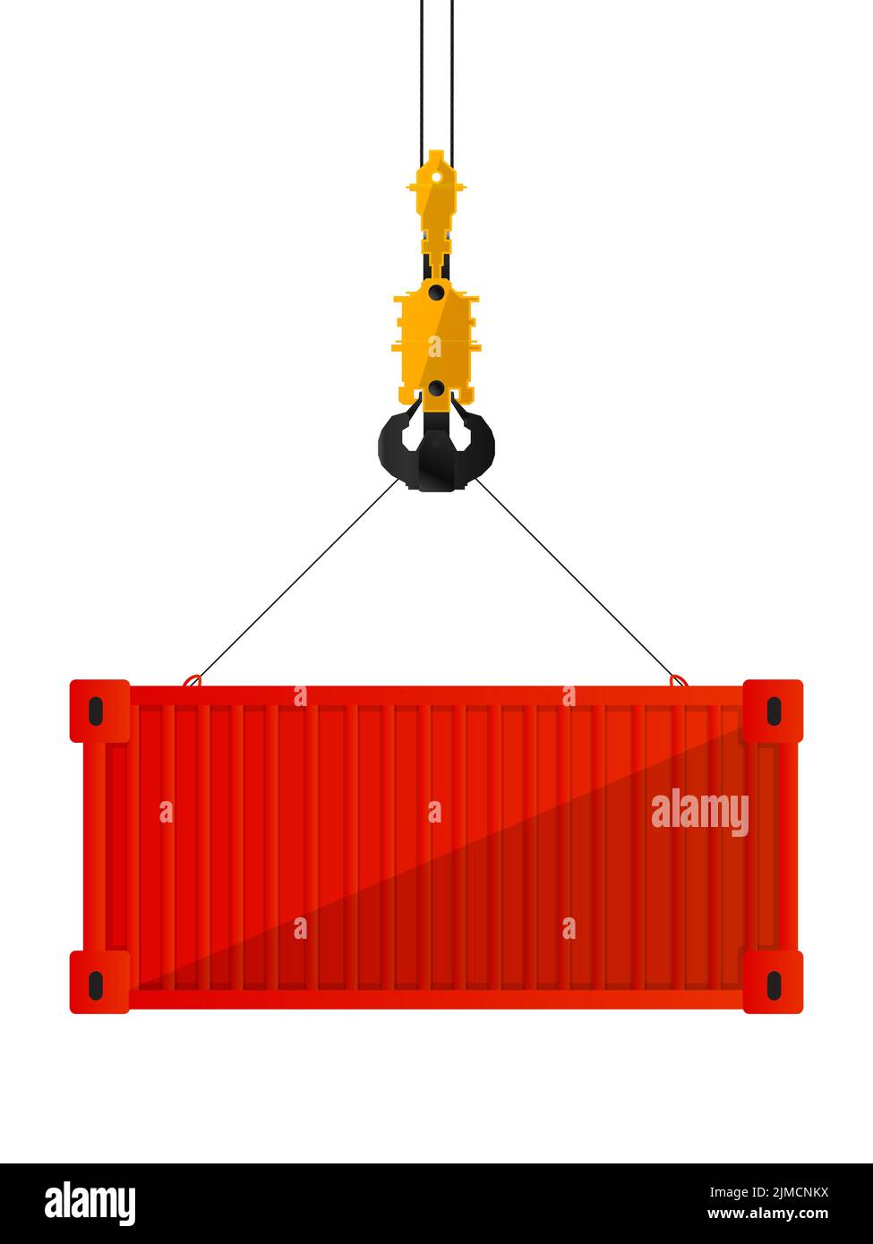 Roter Frachtcontainer, der an Kranhaken hängt Stockfoto