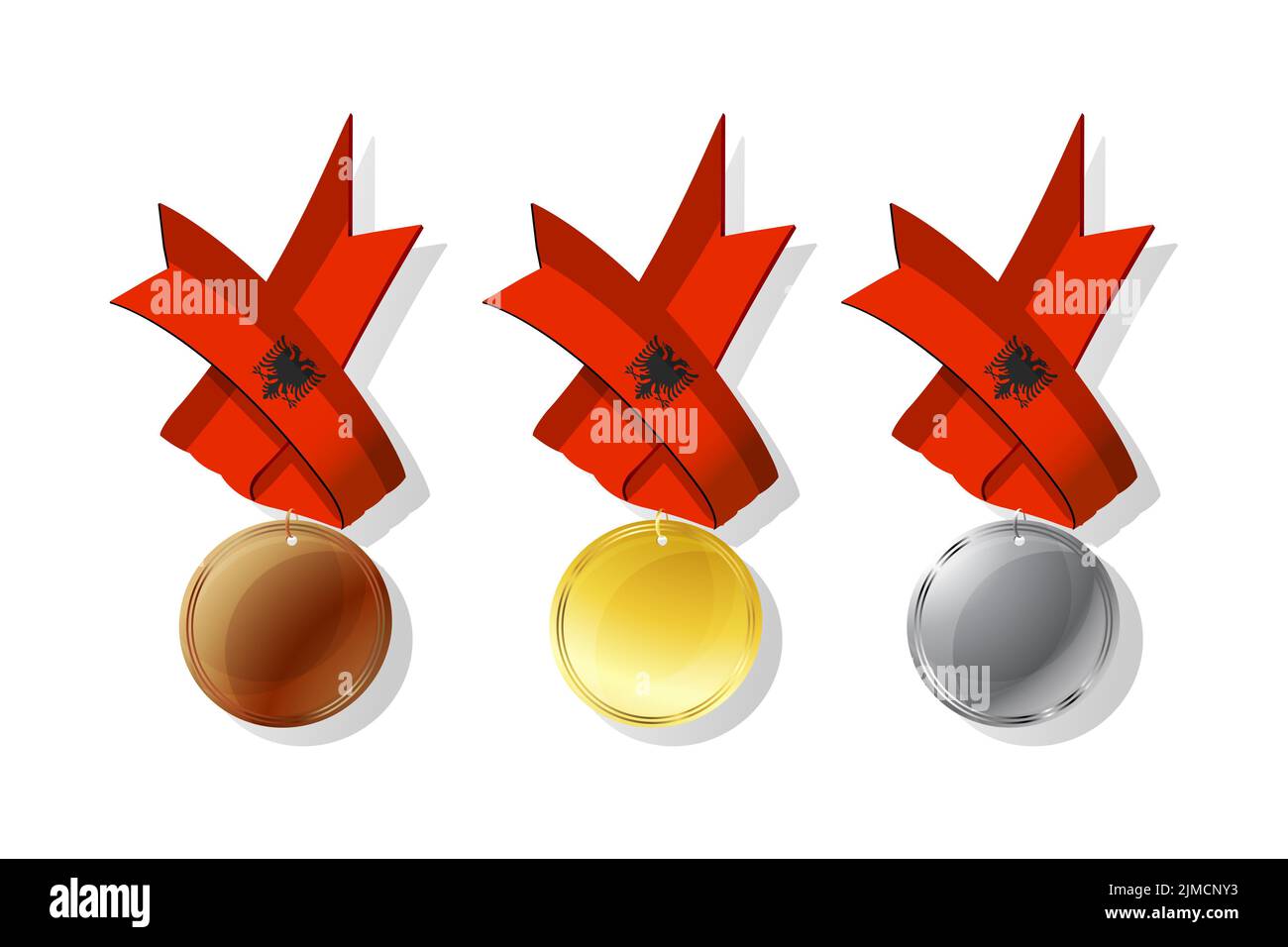 Albanische Medaillen in Gold, Silber und Bronze mit National Flagge. Isolierte Vektorobjekte auf weißem Hintergrund Stockfoto