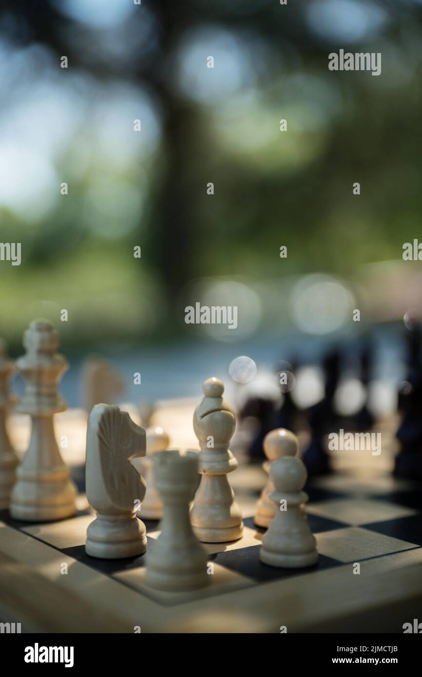Schachspiel, Holzstücke, Außenschuss, schwache Schärfentiefe Stockfoto
