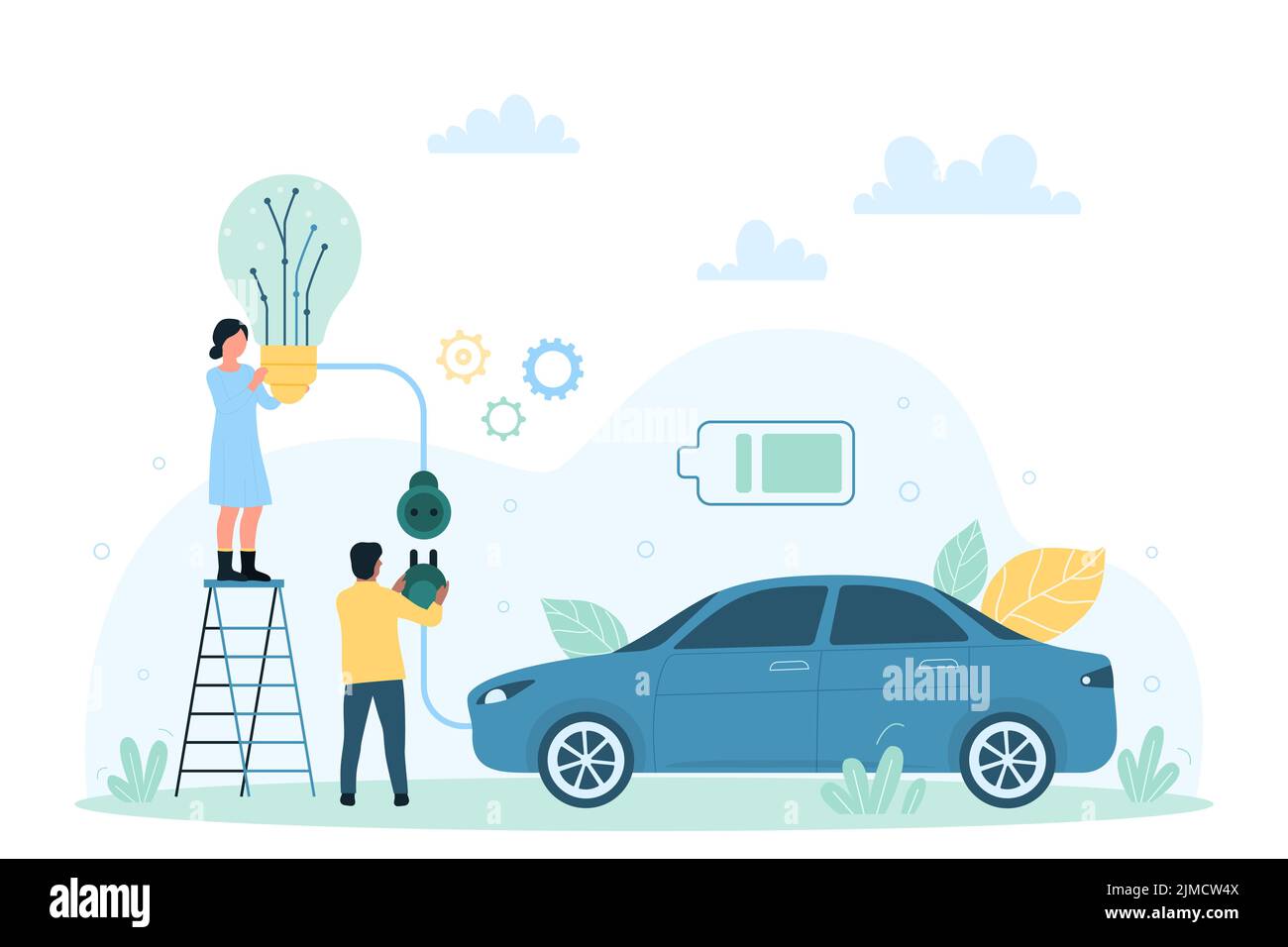 Elektroauto laden auf Ladestation, Öko-Transport-Technologie Vektorgrafik. Cartoon winzigen Menschen halten Glühbirne und Stecker mit Kabel-Kabel, um den Motor des Parkens modernen Auto-Fahrzeug zu laden Stock Vektor