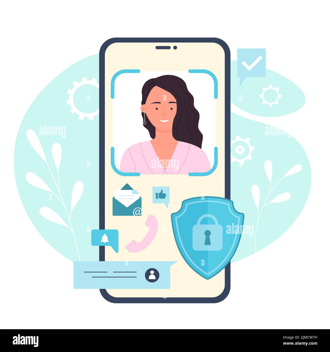 Gesichtserkennung, Scan und Verifizierung mit AI-Vektorgrafik. Cartoon Handy-Bildschirm mit Gesichtserkennung von Mädchen Profil, Datenschutz und digitale Zukunftstechnologie Stock Vektor