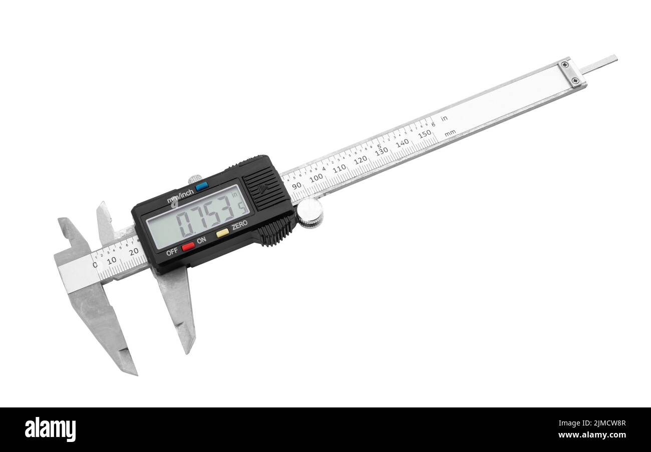 Digitaler Bremssattel auf weißem Hintergrund isoliert Stockfoto