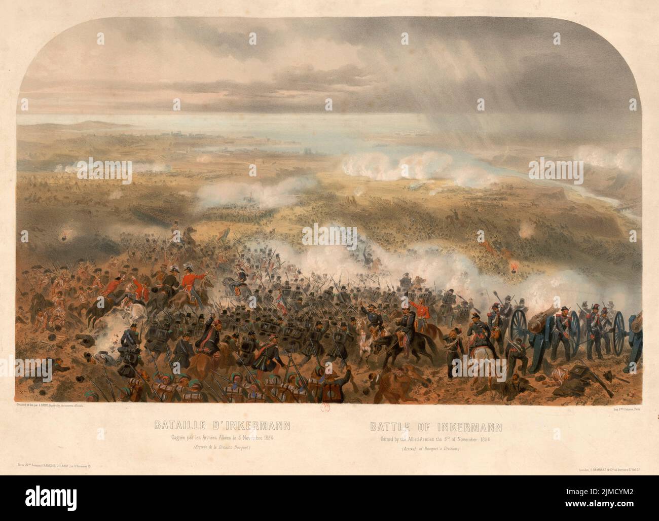 Ein Gemälde der Schlacht von Inkermann am 5h. November 1854. Das Gemälde zeigt die rechtzeitige Ankunft der französischen Truppen auf dem Home Hill unter General Pierre Bosquet Stockfoto