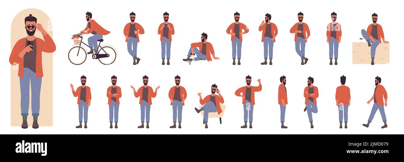 Hipster Charakter Posen Set Vektor Illustration. Cartoon junger schöner Mann mit Bart und Brille posiert vor, Seite und Rückansicht, Fahrrad fahren, sitzen im Stuhl mit Telefon isoliert auf weiß Stock Vektor