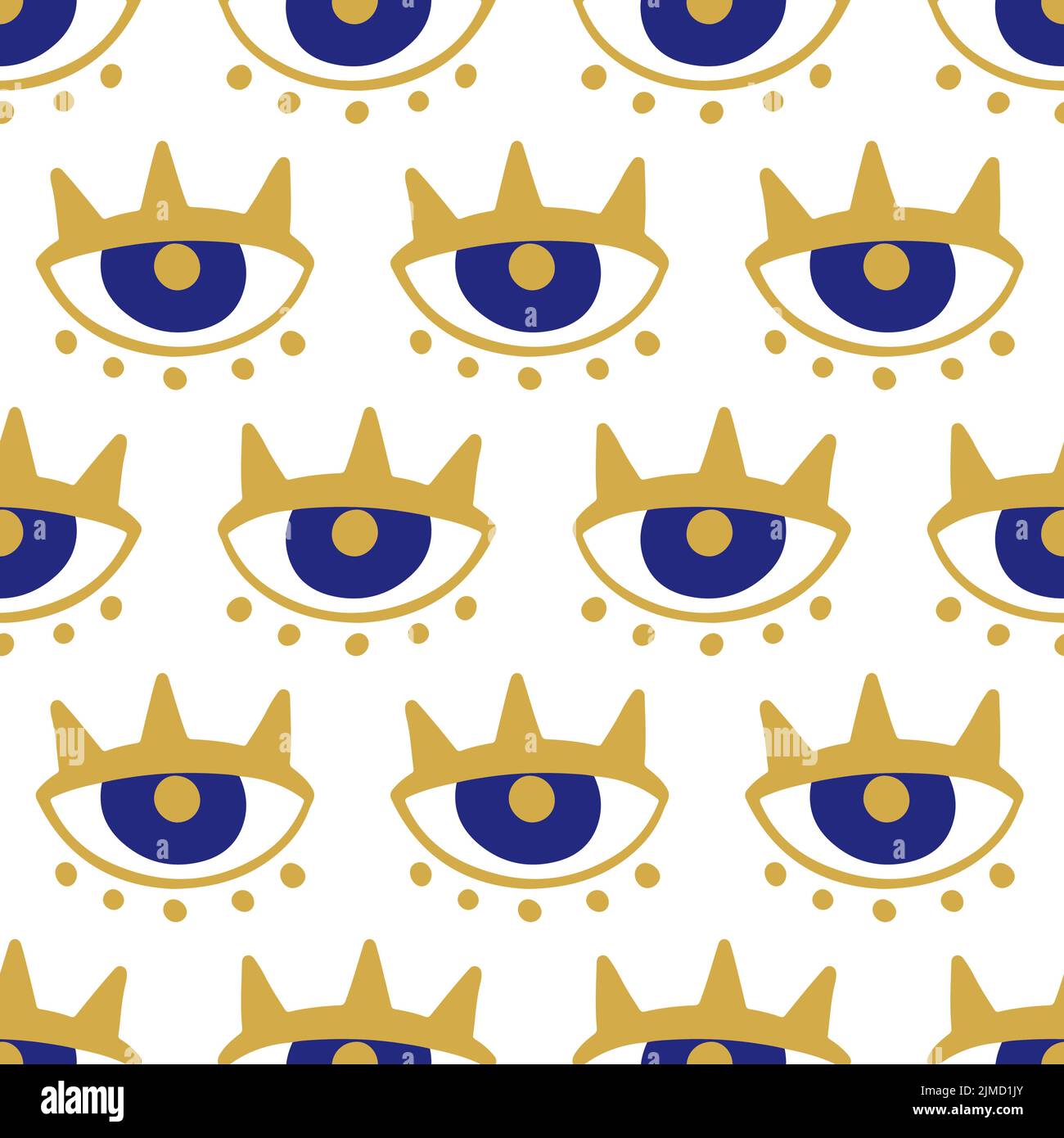 Evil Eyes Nahtloses Muster in Blau, Gold und Weiß Stock Vektor