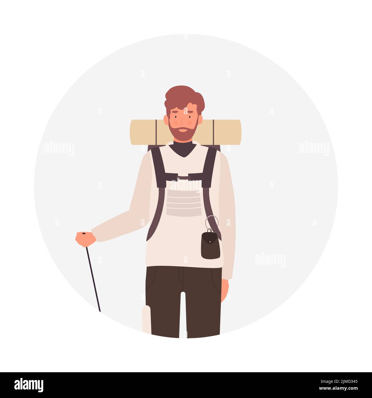 Bärtiger männlicher Tourist mit Rucksack. Wanderer Mann mit Wanderausrüstung Vektor-Illustration Stock Vektor