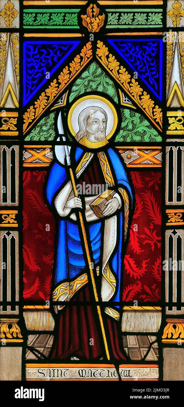 St. Matthew, saint, Glasfenster, von Joseph Grant von Costessey c.1856, Wighton, Norfolk, England Stockfoto