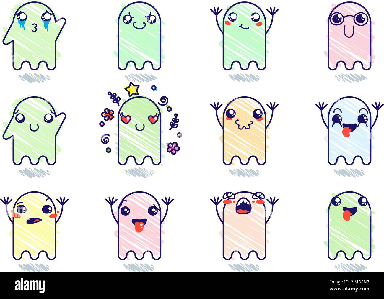 Set aus verschiedenen Cartoon Ghosts mit Emoticons. Doodle Ghouls, Augen und Mund. Karikatur Comic ausdrucksstarke Emotionen, lächelnd, weinend und überrascht Chara Stock Vektor