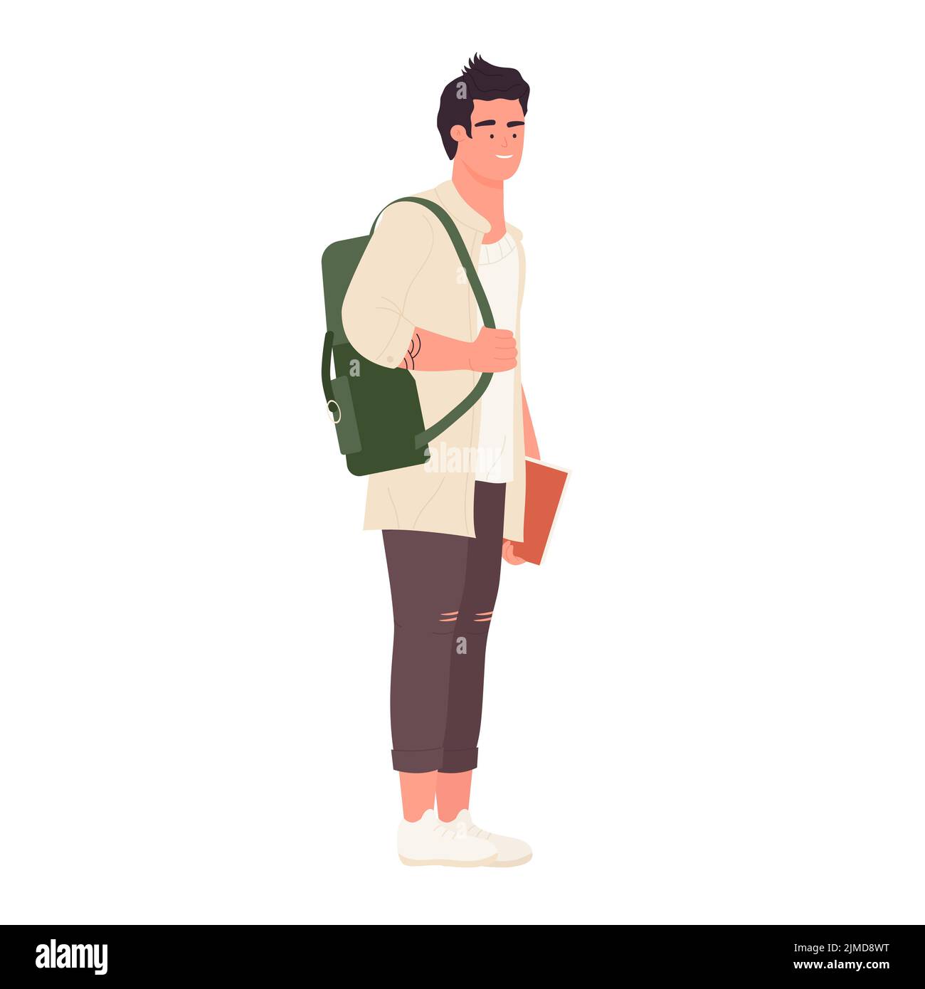 Männlicher Schüler bereit für die Schule weniger. Stehender Universitätsjunge mit Rucksack-Vektor-Illustration Stock Vektor