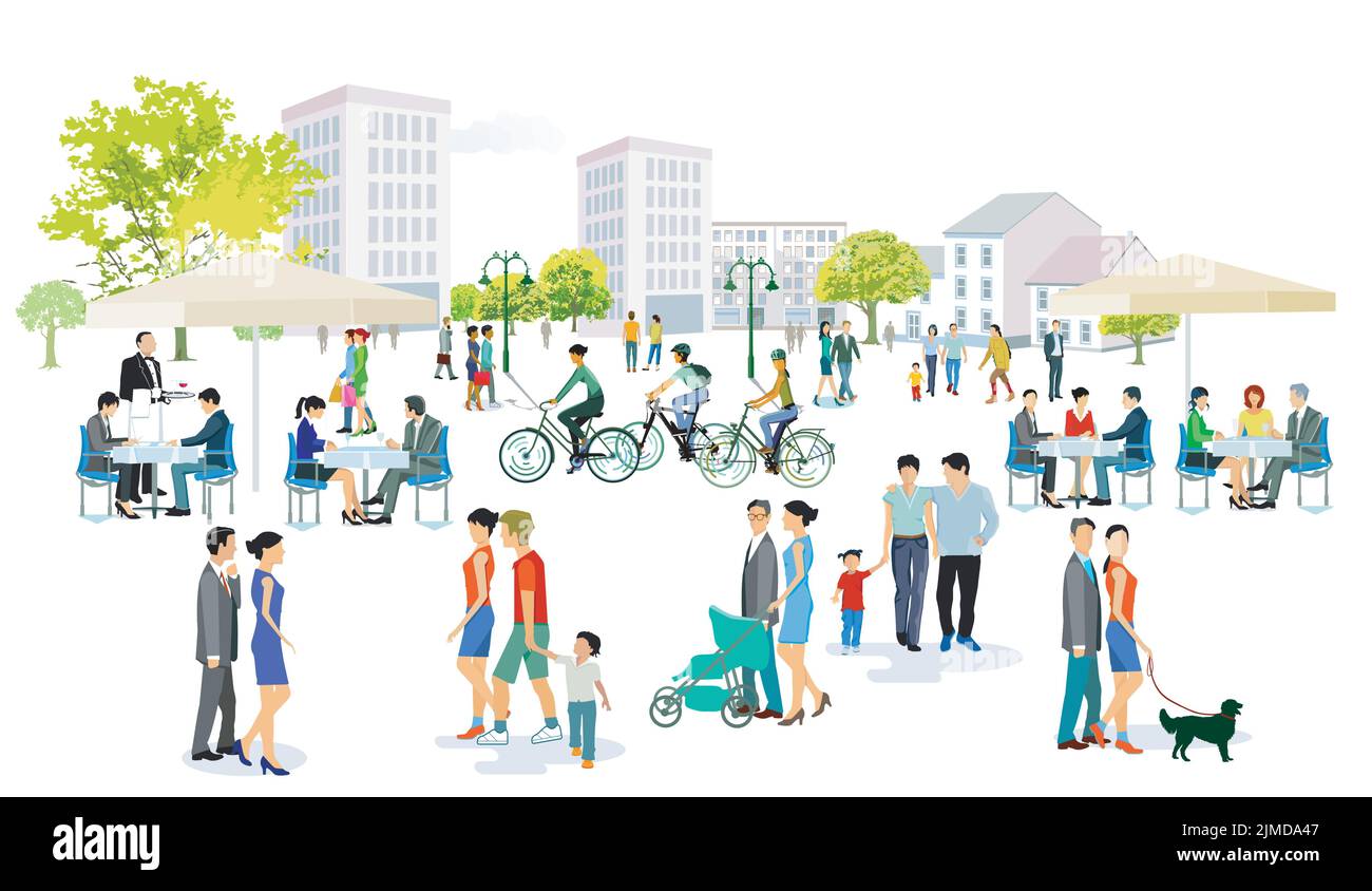 City Silhouette mit Fußgängern im Wohnviertel, Illustration Stock Vektor