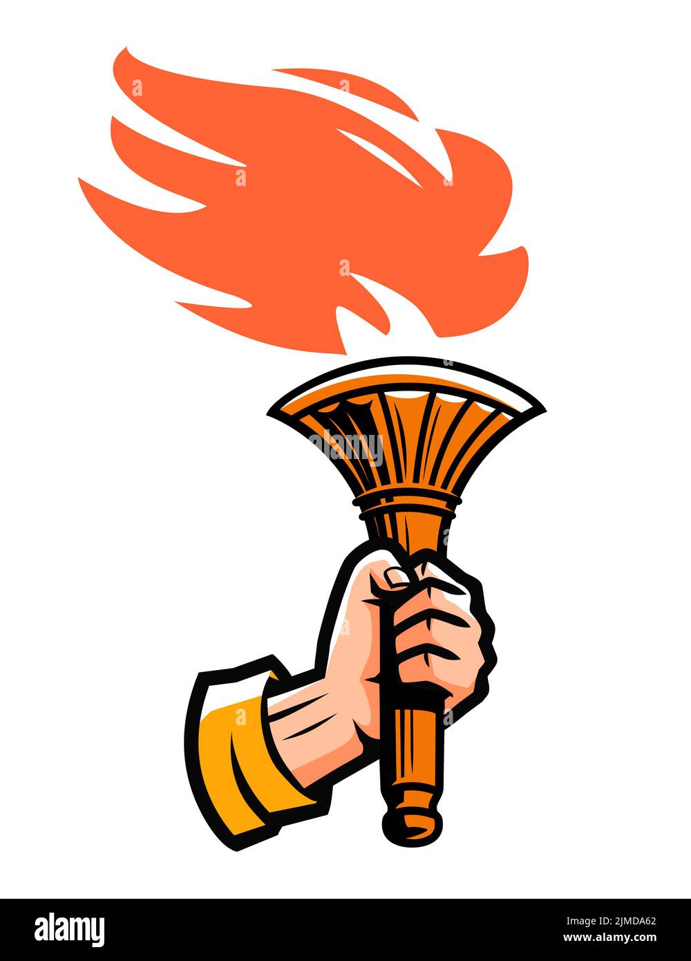 Brennende Fackel mit Feuer in der Hand. Beleuchtung Flamme, Licht Emblem. Sportmaskottensymbol. Vektordarstellung isoliert Stock Vektor