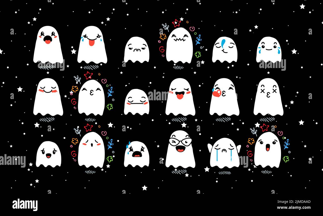 Set aus verschiedenen Cartoon Ghosts mit Emoticons. Doodle Ghouls, Augen und Mund. Karikatur Comic ausdrucksstarke Emotionen, lächelnd, weinend und überrascht Chara Stock Vektor