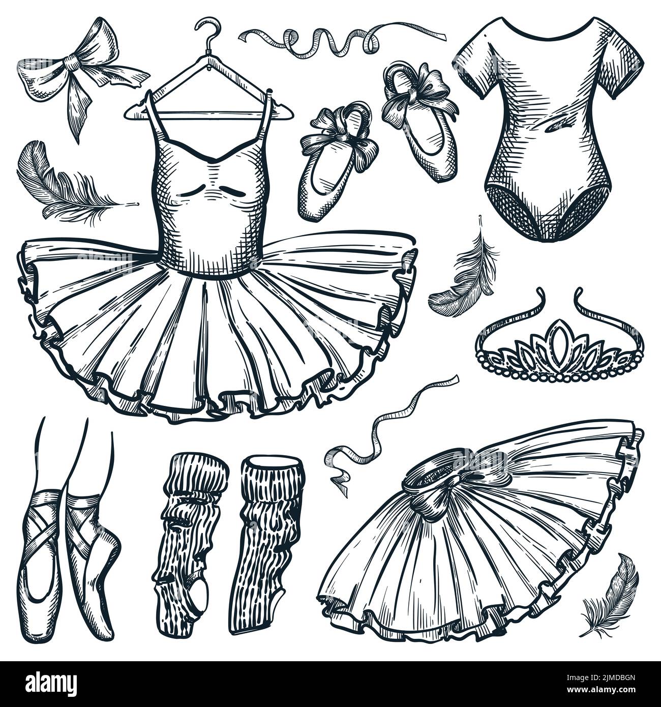 Design-Elemente für Ballett-Tanz auf weißem Hintergrund isoliert. Vektor handgezeichnete Skizze Illustration von Ballerina Kleid, spitzenschuhe, Body und Tiara Stock Vektor