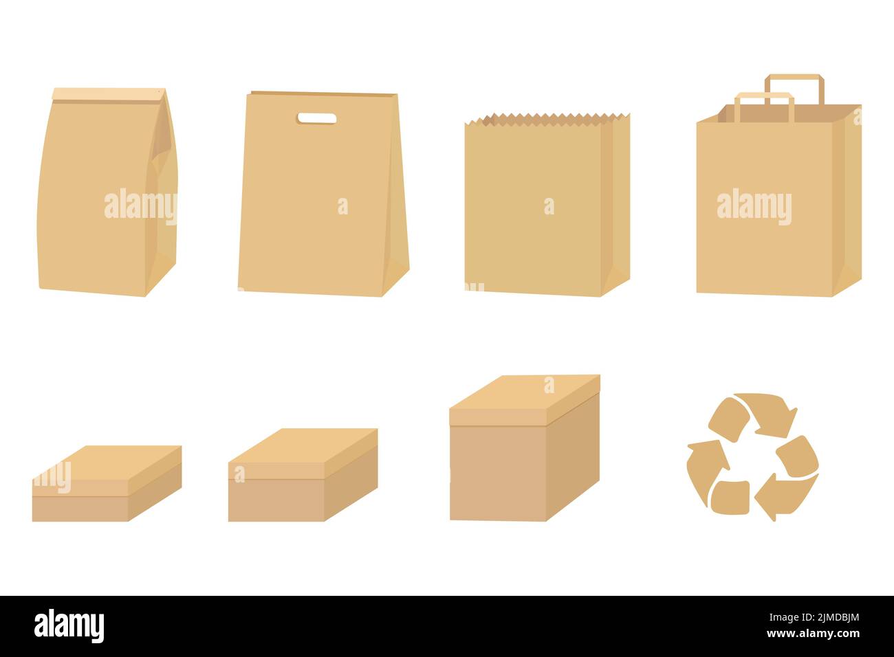 Satz Pappverpackungen isoliert auf weiß. Recycling-Papier Box und Tasche Vektor-Illustration Stock Vektor