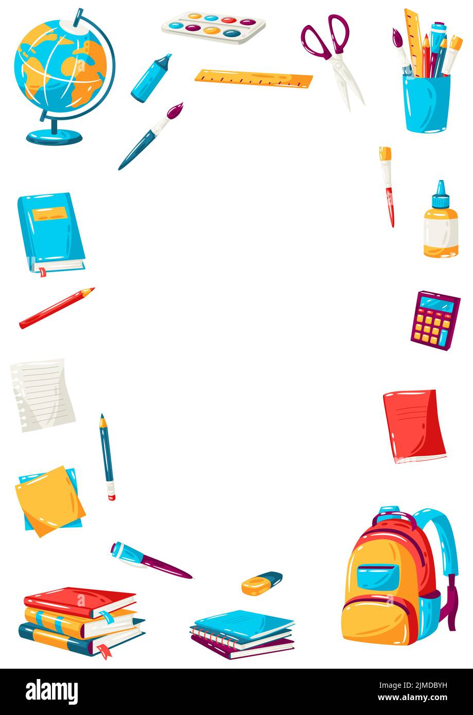 Schulrahmen mit Bildungsartikeln. Illustration von bunten Materialien und Papeterie. Stock Vektor