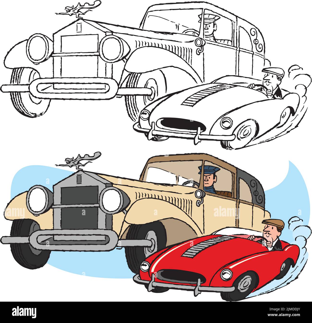 Ein Vintage Retro-Cartoon eines Sportwagens, der an einem älteren Jalopy vorbeirast und überholen soll. Stock Vektor