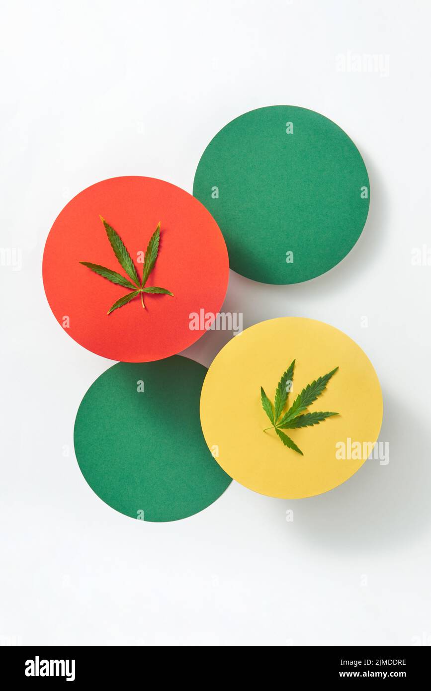 Bunte runde Karten mit Marihuana-Blättern auf hellgrauem Hintergrund. Stockfoto