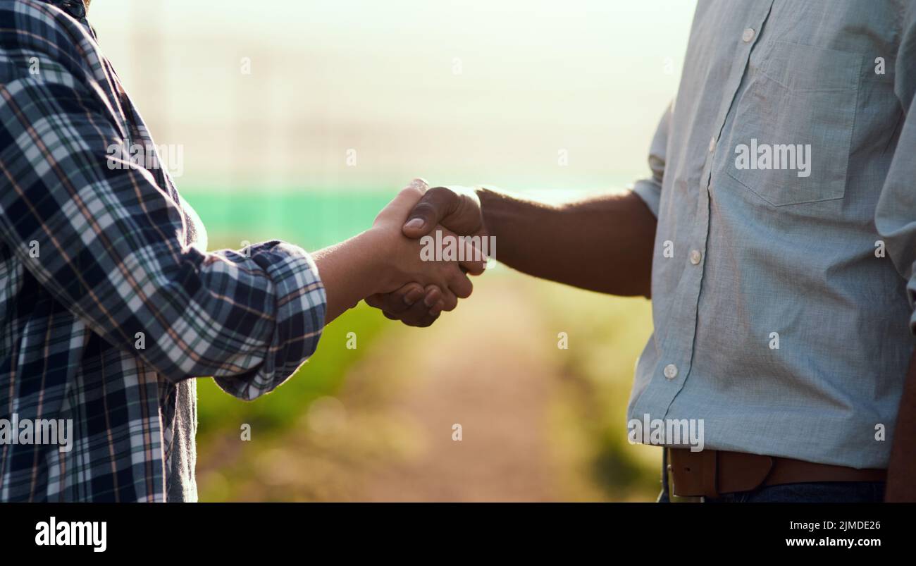 Partnerschaft, Teamwork und Einheit durch Handschlag, zwei Bauern starten gemeinsam den Bio-Handel. Nachhaltige Farmbesitzer treffen, begrüßen, eingeben ein Stockfoto