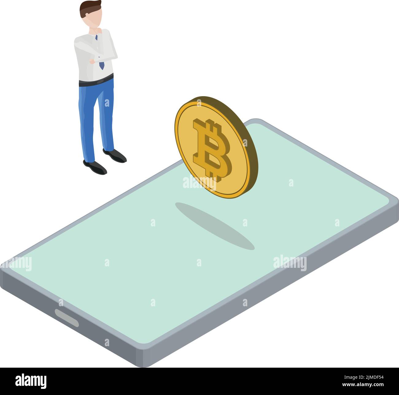 Isometrische Ansicht von Phone Bitcoin Floating man Thinking Stock Vektor